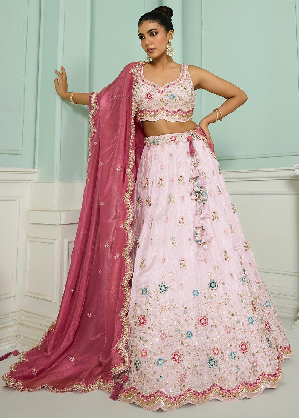 Lace Pink Tissue Lehenga Choli with Handcrafted Floral & Sequin Work