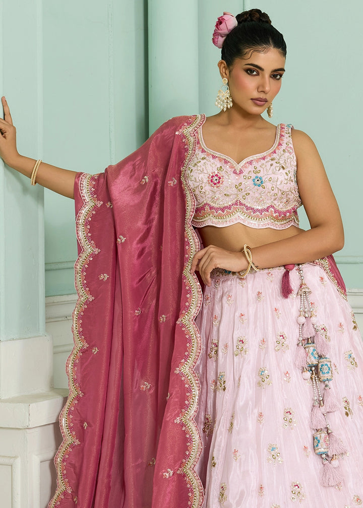 Lace Pink Tissue Lehenga Choli with Handcrafted Floral & Sequin Work