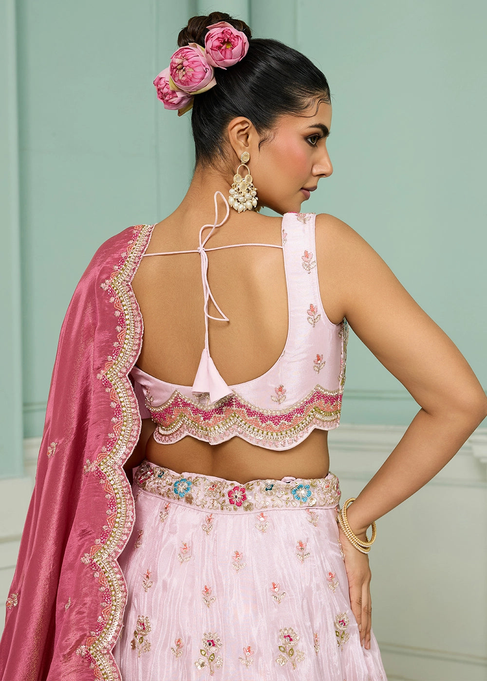 Lace Pink Tissue Lehenga Choli with Handcrafted Floral & Sequin Work