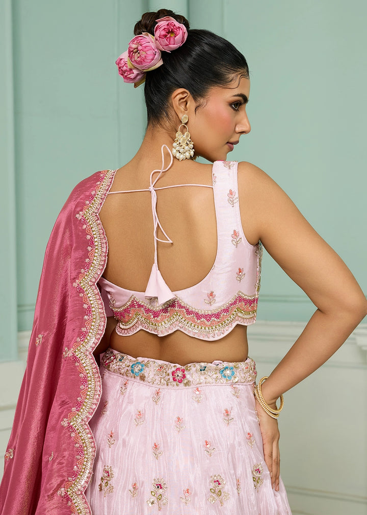 Lace Pink Tissue Lehenga Choli with Handcrafted Floral & Sequin Work