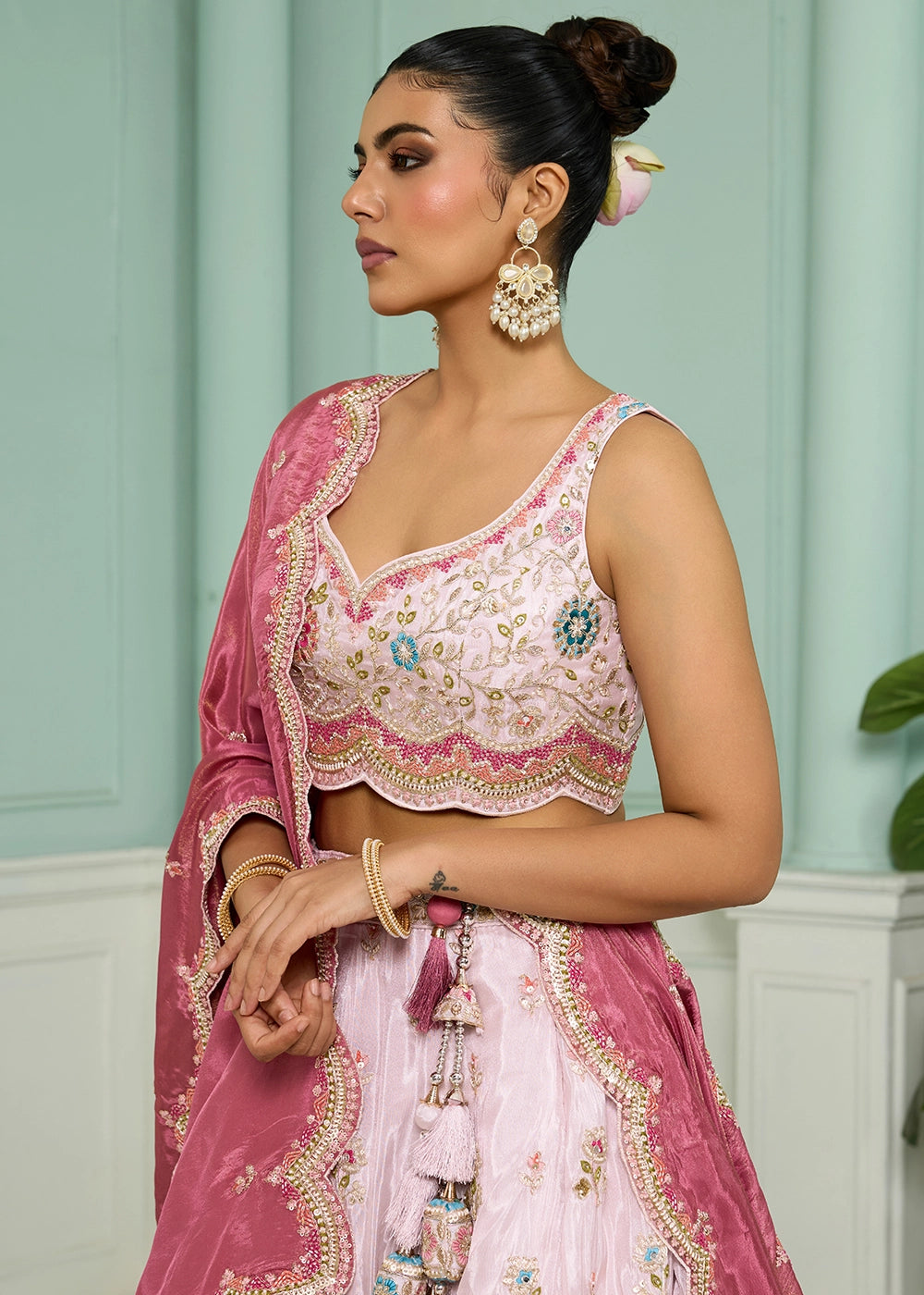 Lace Pink Tissue Lehenga Choli with Handcrafted Floral & Sequin Work