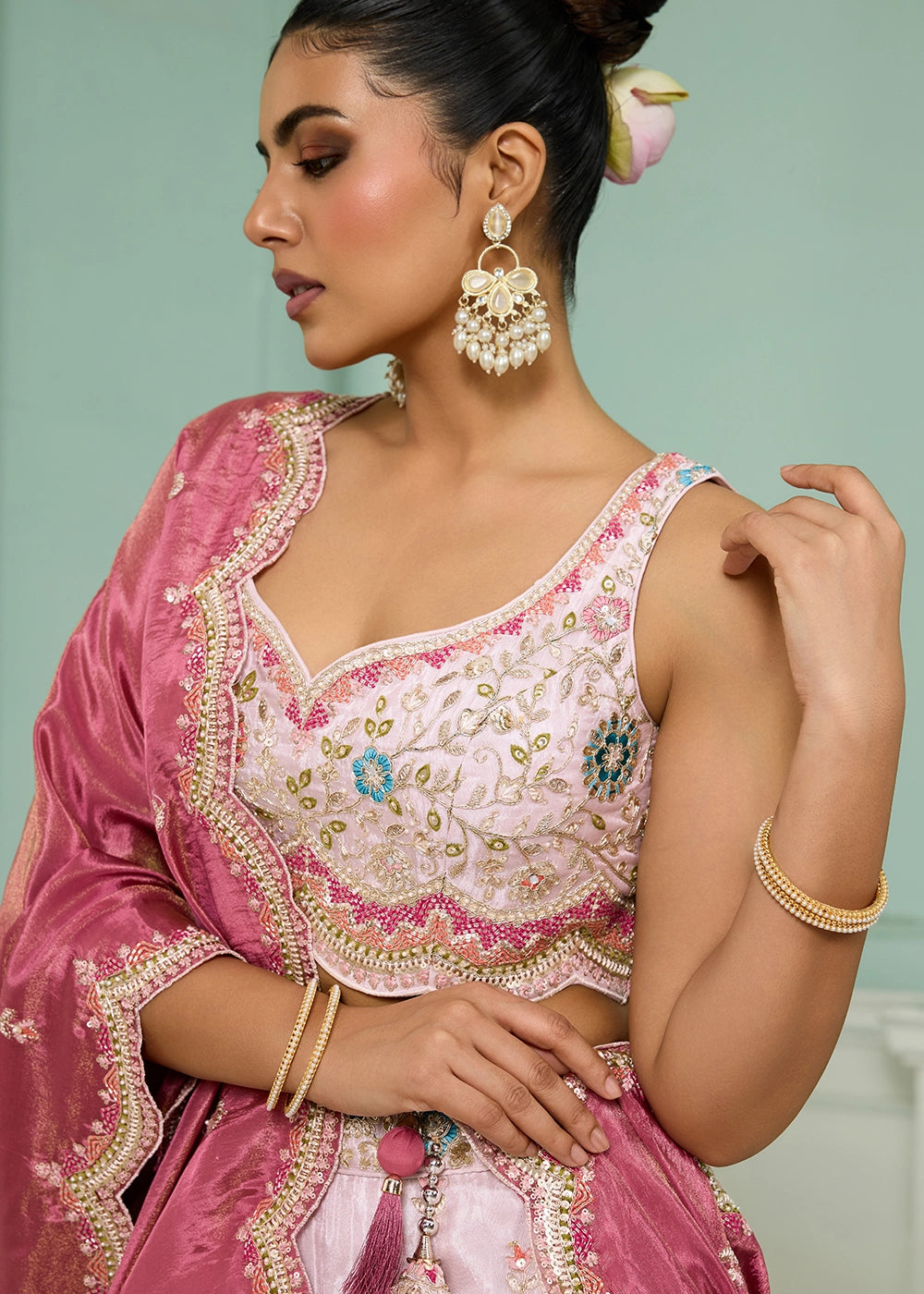 Lace Pink Tissue Lehenga Choli with Handcrafted Floral & Sequin Work