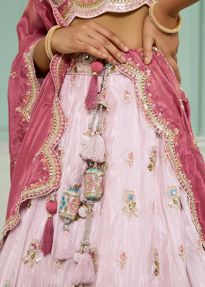 Lace Pink Tissue Lehenga Choli with Handcrafted Floral & Sequin Work