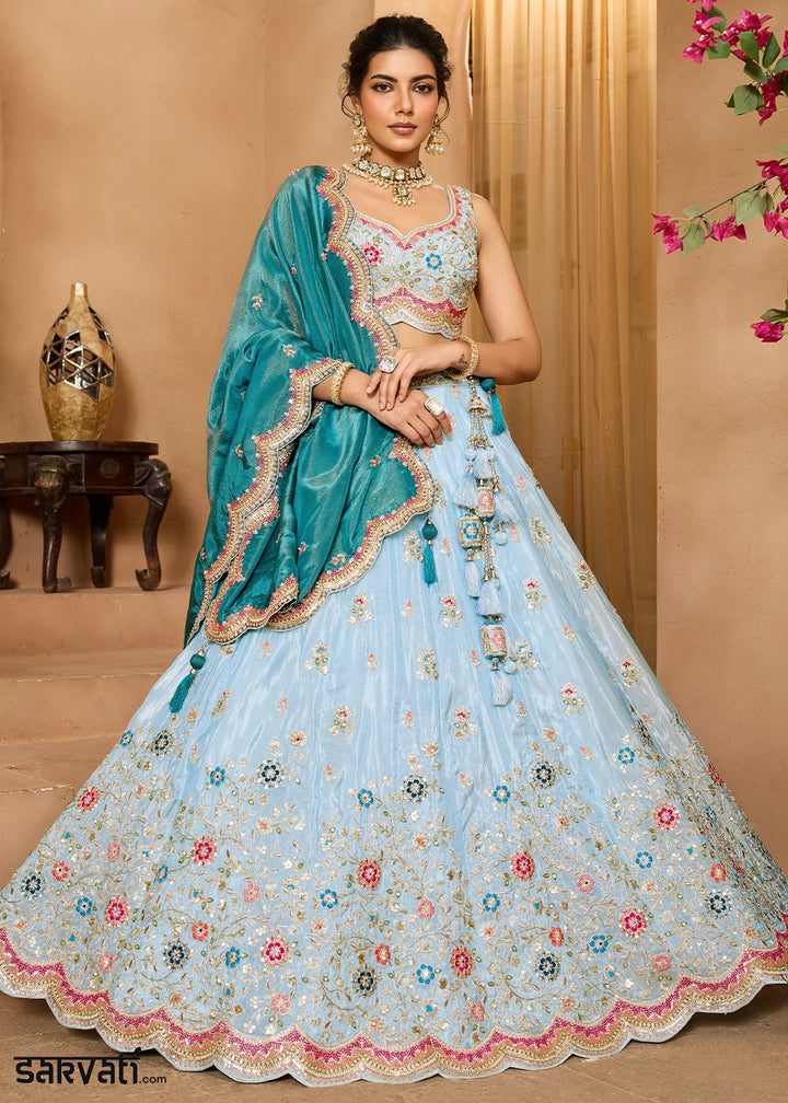 Sky Blue Tissue Lehenga Choli with Handcrafted Floral & Sequin Work