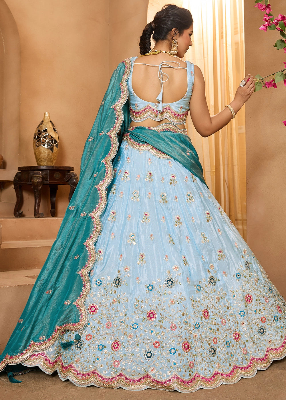 Sky Blue Tissue Lehenga Choli with Handcrafted Floral & Sequin Work