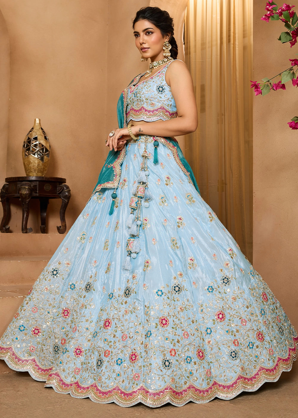 Sky Blue Tissue Lehenga Choli with Handcrafted Floral & Sequin Work