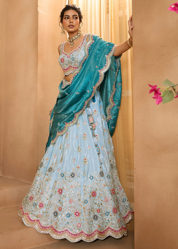 Sky Blue Tissue Lehenga Choli with Handcrafted Floral & Sequin Work