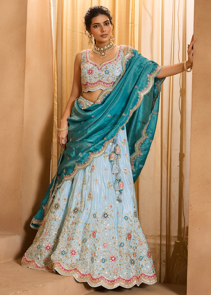 Sky Blue Tissue Lehenga Choli with Handcrafted Floral & Sequin Work