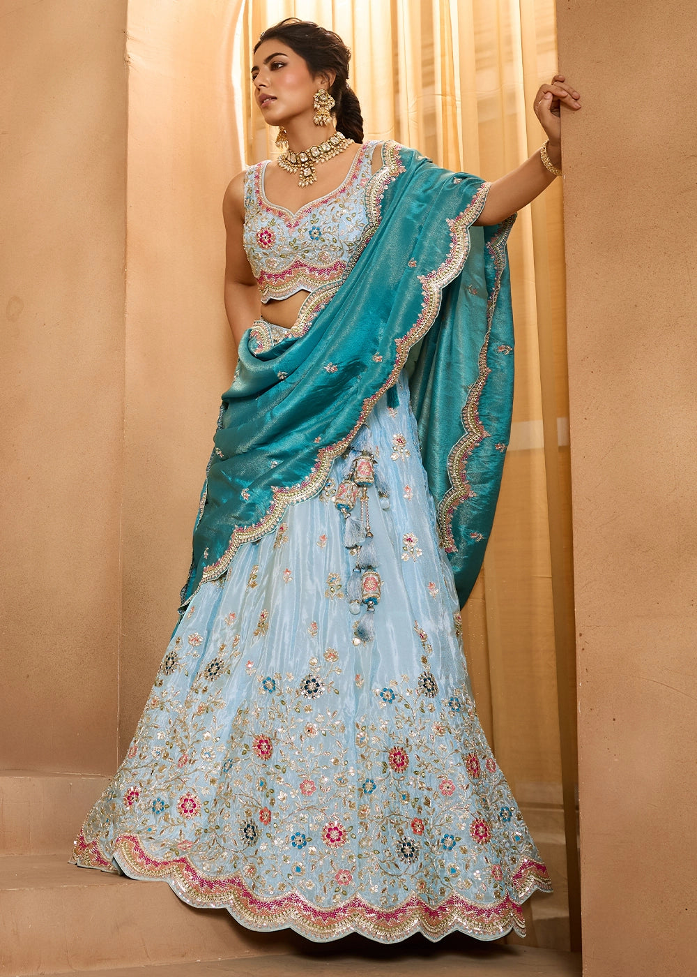 Sky Blue Tissue Lehenga Choli with Handcrafted Floral & Sequin Work