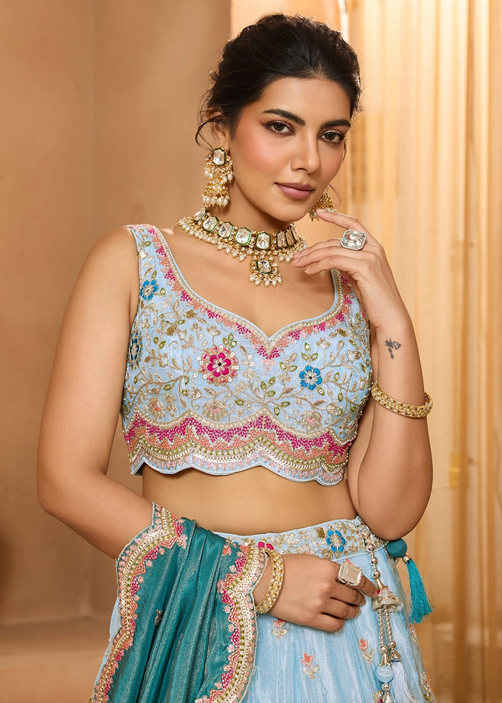 Sky Blue Tissue Lehenga Choli with Handcrafted Floral & Sequin Work