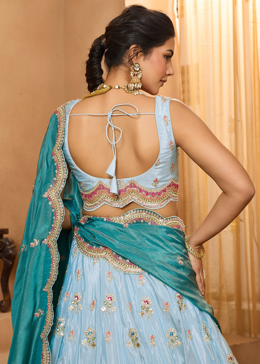 Sky Blue Tissue Lehenga Choli with Handcrafted Floral & Sequin Work