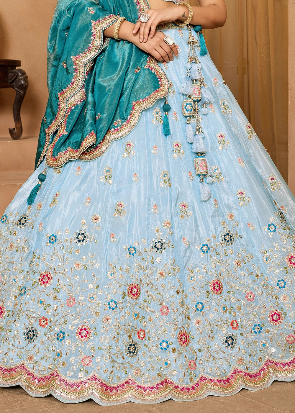 Sky Blue Tissue Lehenga Choli with Handcrafted Floral & Sequin Work
