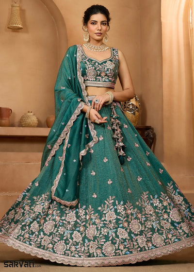 Emerald Green Tissue Lehenga Choli with Handcrafted Floral & Sequin Work