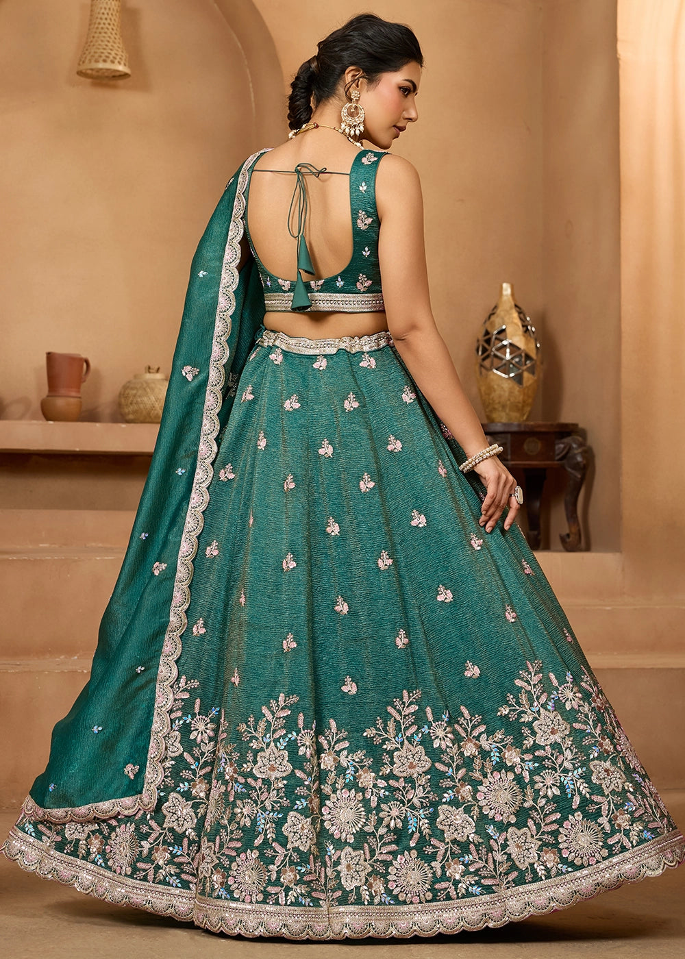Punch Pink Tissue Lehenga Choli with Handcrafted Floral & Sequin Work