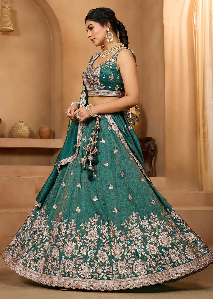 Punch Pink Tissue Lehenga Choli with Handcrafted Floral & Sequin Work