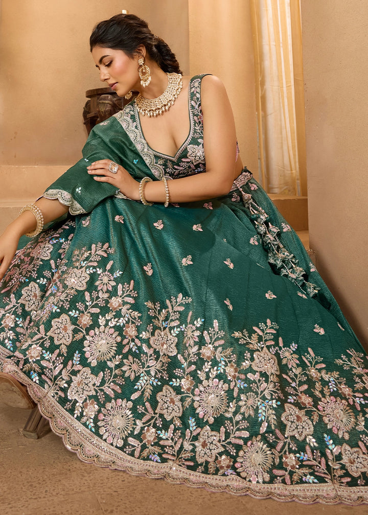 Punch Pink Tissue Lehenga Choli with Handcrafted Floral & Sequin Work