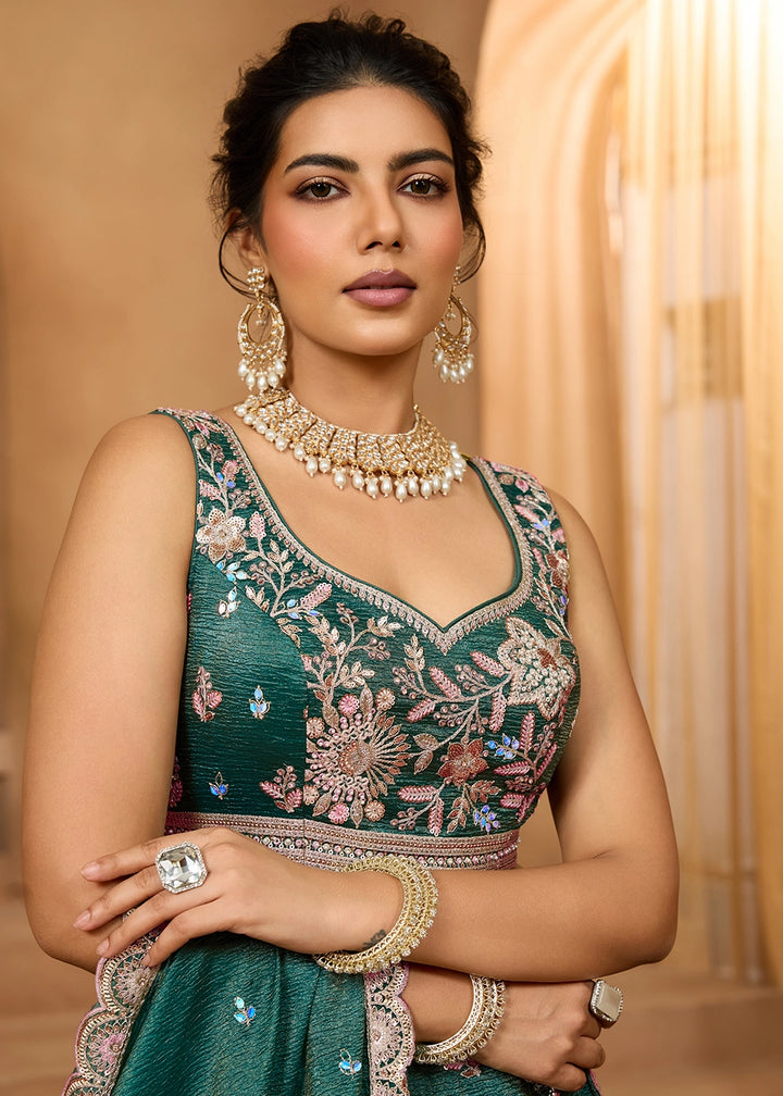 Emerald Green Tissue Lehenga Choli with Handcrafted Floral & Sequin Work