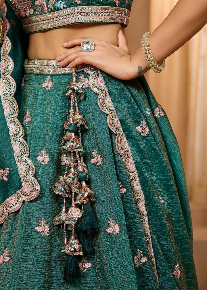 Punch Pink Tissue Lehenga Choli with Handcrafted Floral & Sequin Work
