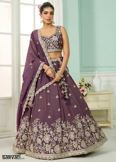 Plum Purple Tissue Lehenga Choli with Handcrafted Floral & Sequin Work