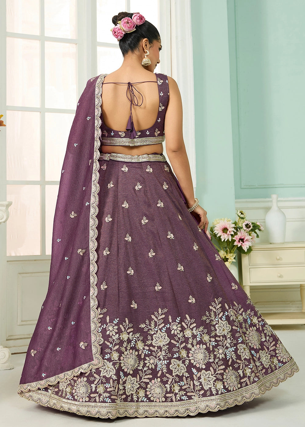 Plum Purple Tissue Lehenga Choli with Handcrafted Floral & Sequin Work