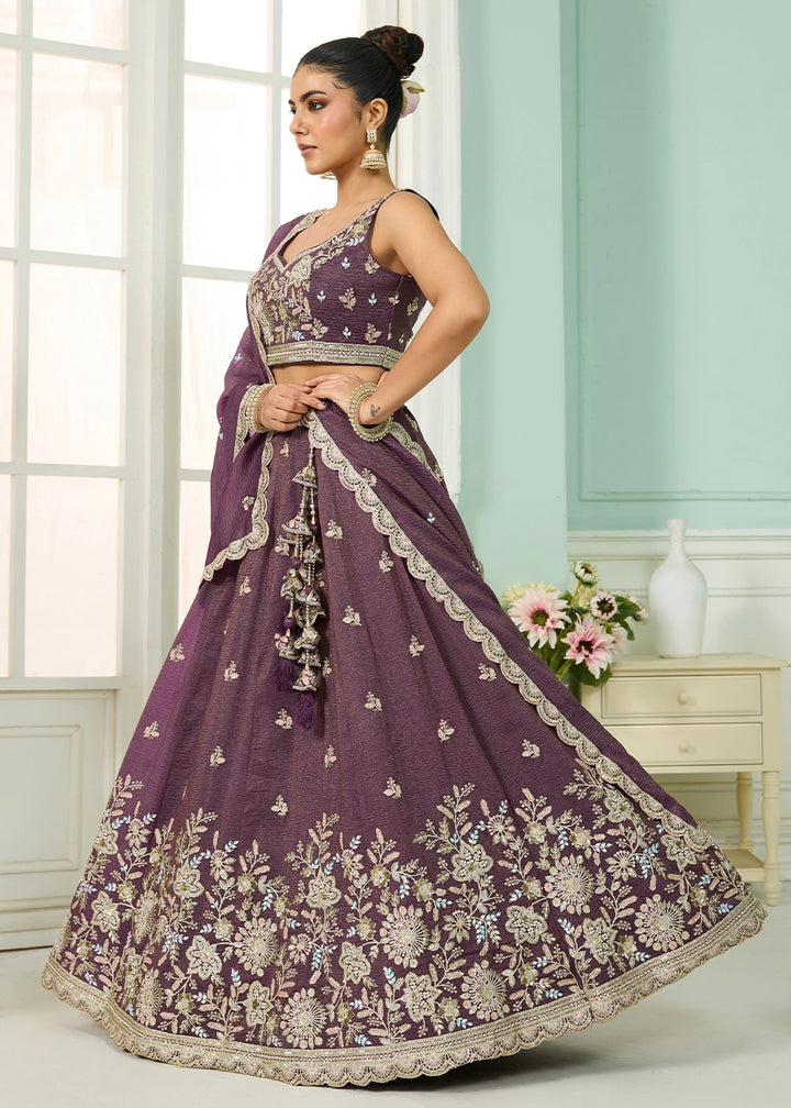 Plum Purple Tissue Lehenga Choli with Handcrafted Floral & Sequin Work