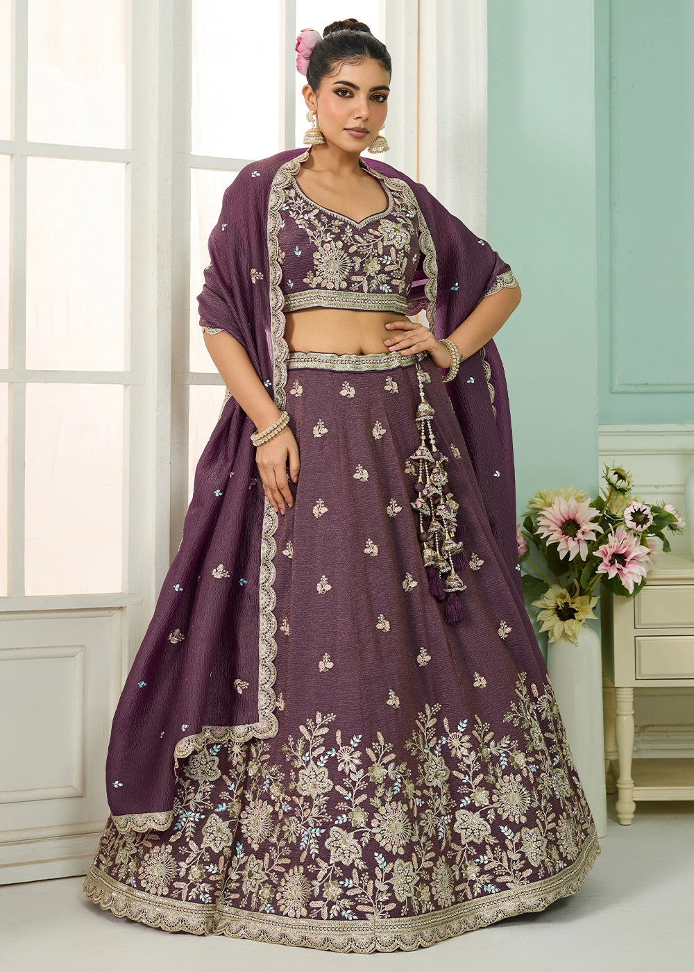 Plum Purple Tissue Lehenga Choli with Handcrafted Floral & Sequin Work