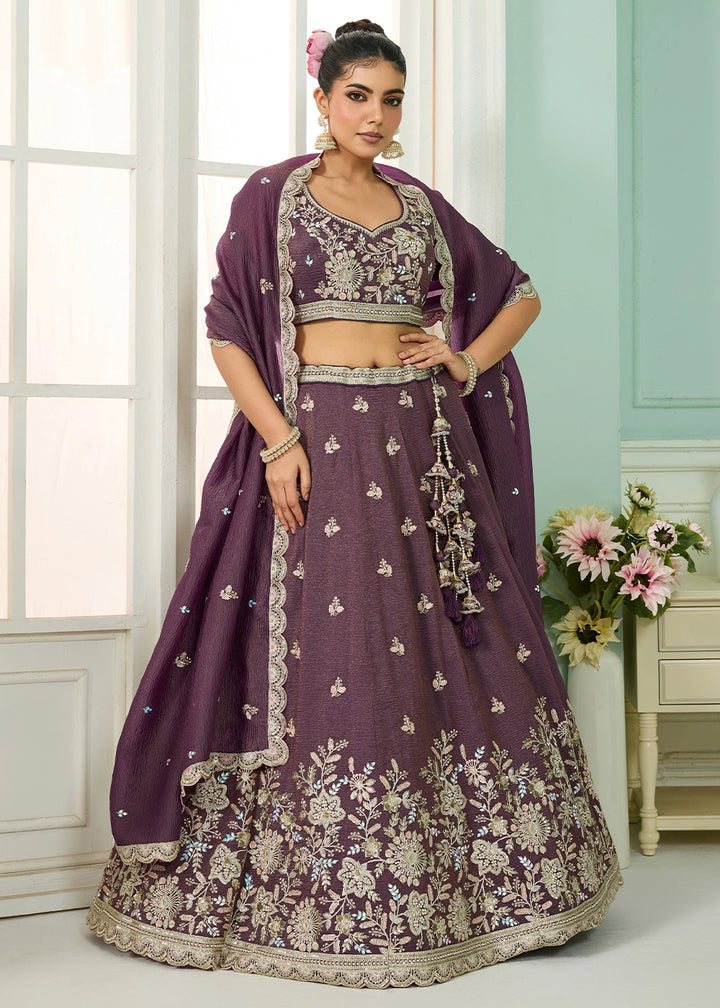 Plum Purple Tissue Lehenga Choli with Handcrafted Floral & Sequin Work
