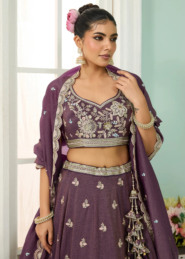 Plum Purple Tissue Lehenga Choli with Handcrafted Floral & Sequin Work