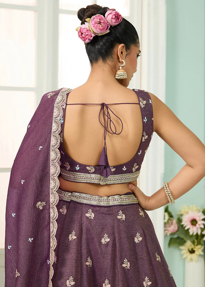 Plum Purple Tissue Lehenga Choli with Handcrafted Floral & Sequin Work