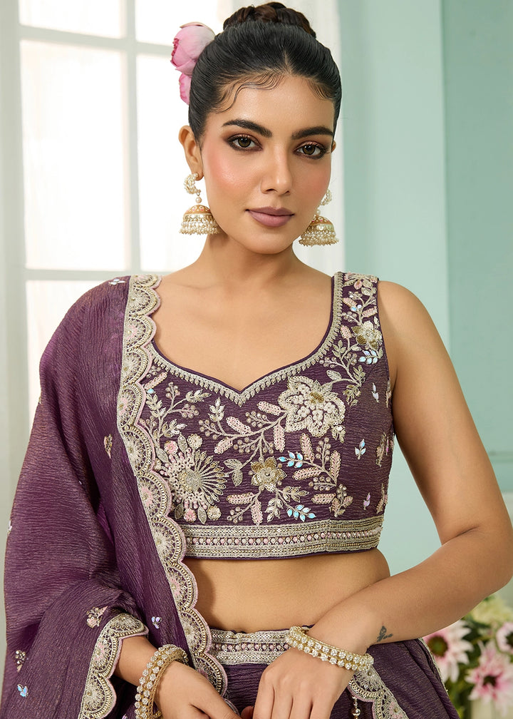 Plum Purple Tissue Lehenga Choli with Handcrafted Floral & Sequin Work