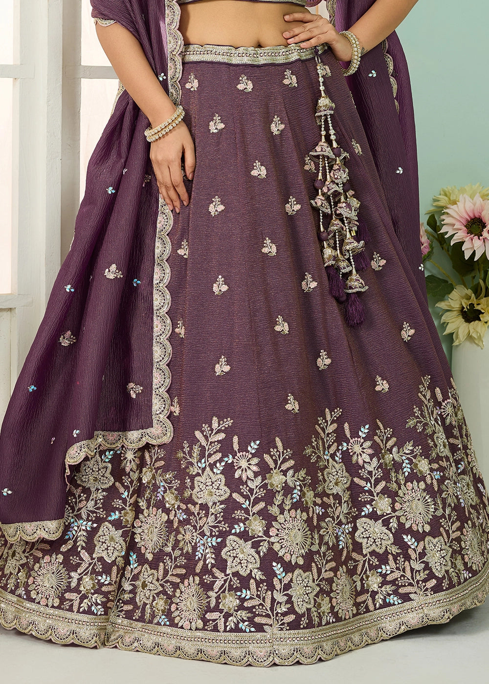 Plum Purple Tissue Lehenga Choli with Handcrafted Floral & Sequin Work