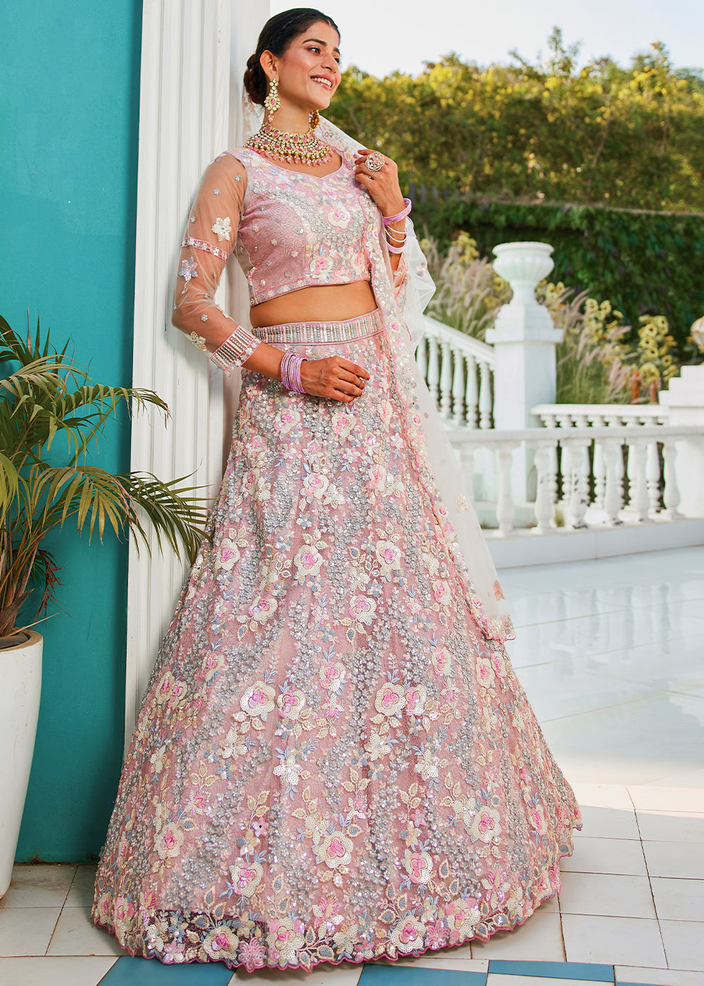 Pink & Grey Net Lehenga Choli with Sparkling Sequins & Zarkan Work