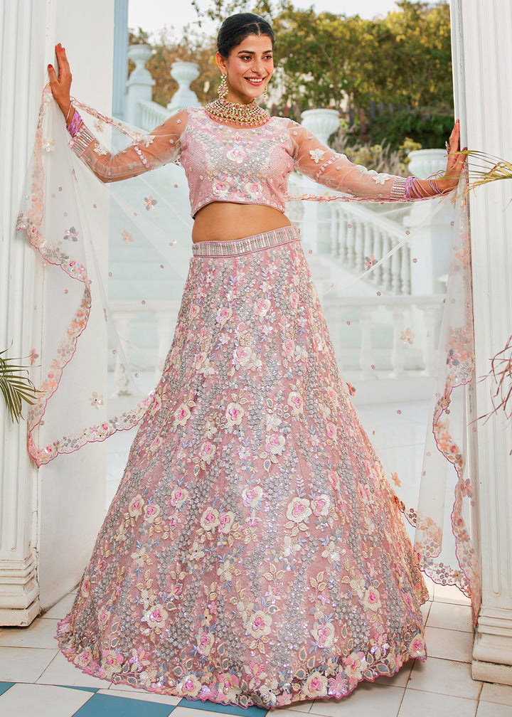 Pink & Grey Net Lehenga Choli with Sparkling Sequins & Zarkan Work