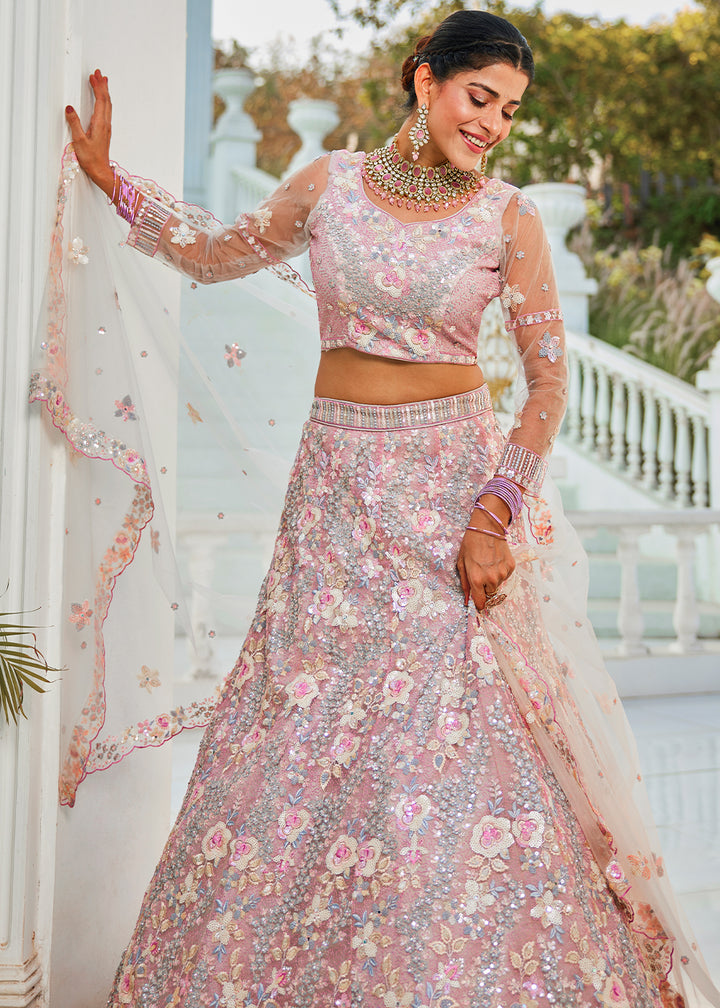 Pink & Grey Net Lehenga Choli with Sparkling Sequins & Zarkan Work