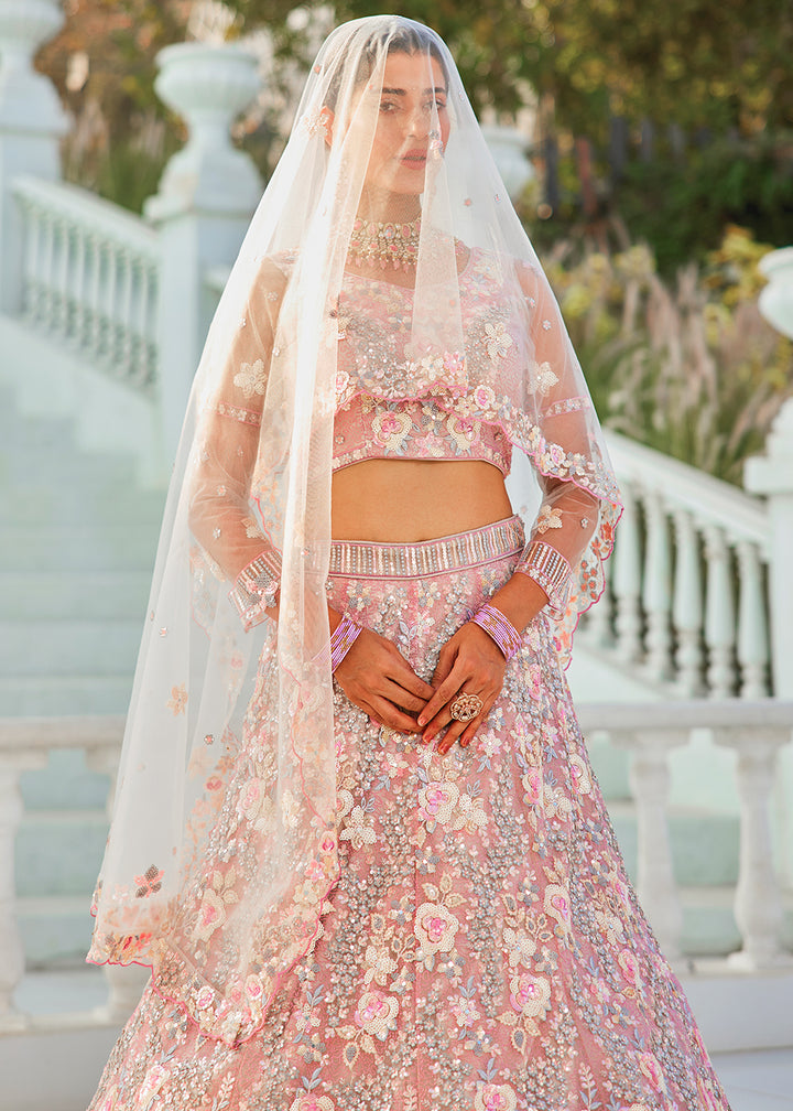 Pink & Grey Net Lehenga Choli with Sparkling Sequins & Zarkan Work