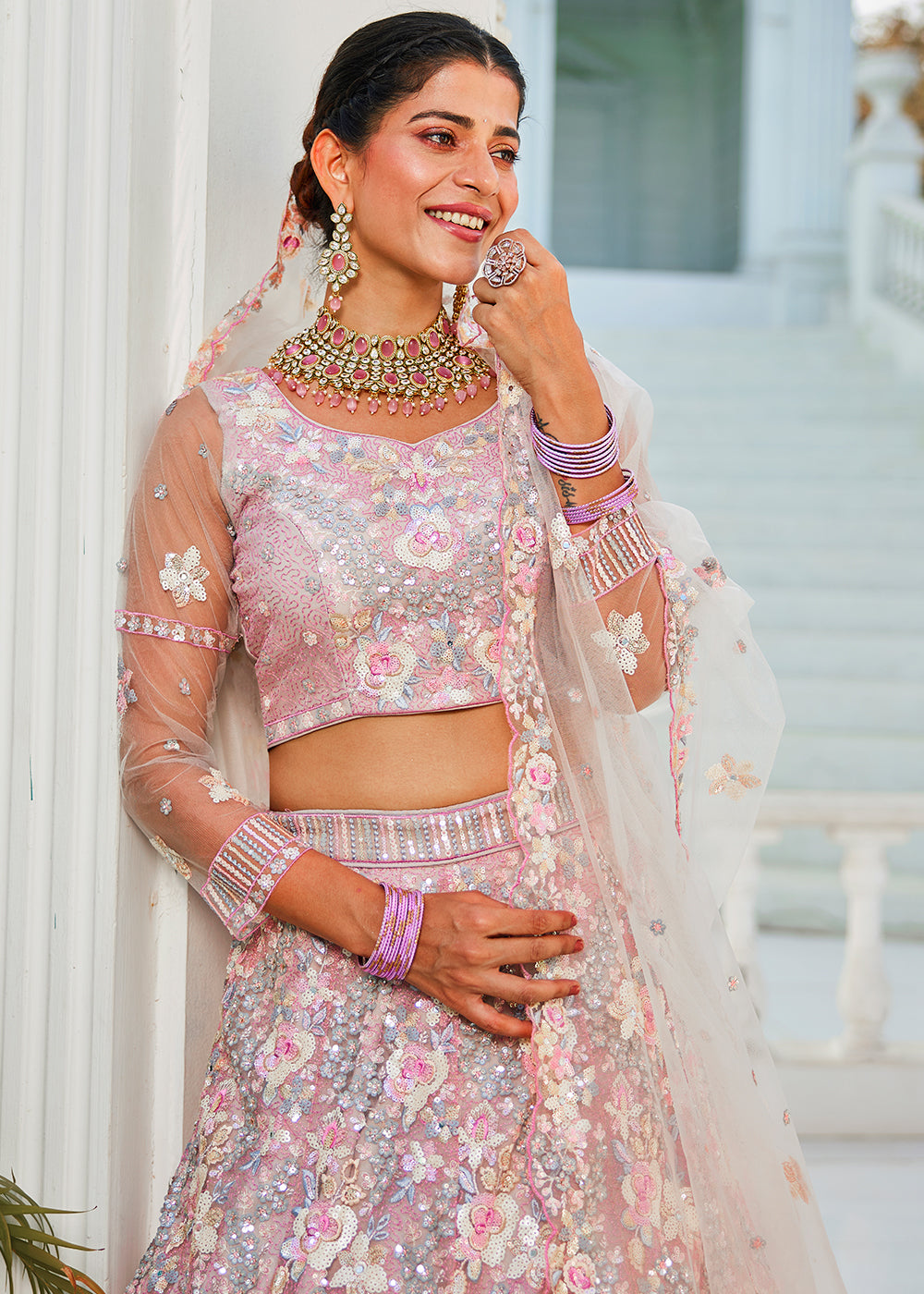 Pink & Grey Net Lehenga Choli with Sparkling Sequins & Zarkan Work