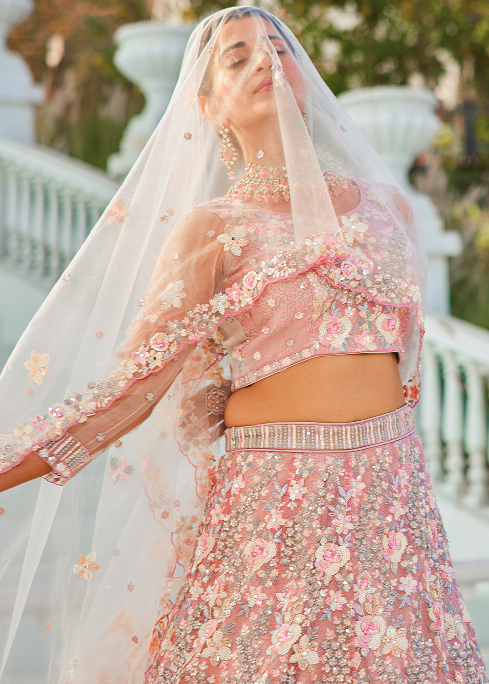 Pink & Grey Net Lehenga Choli with Sparkling Sequins & Zarkan Work