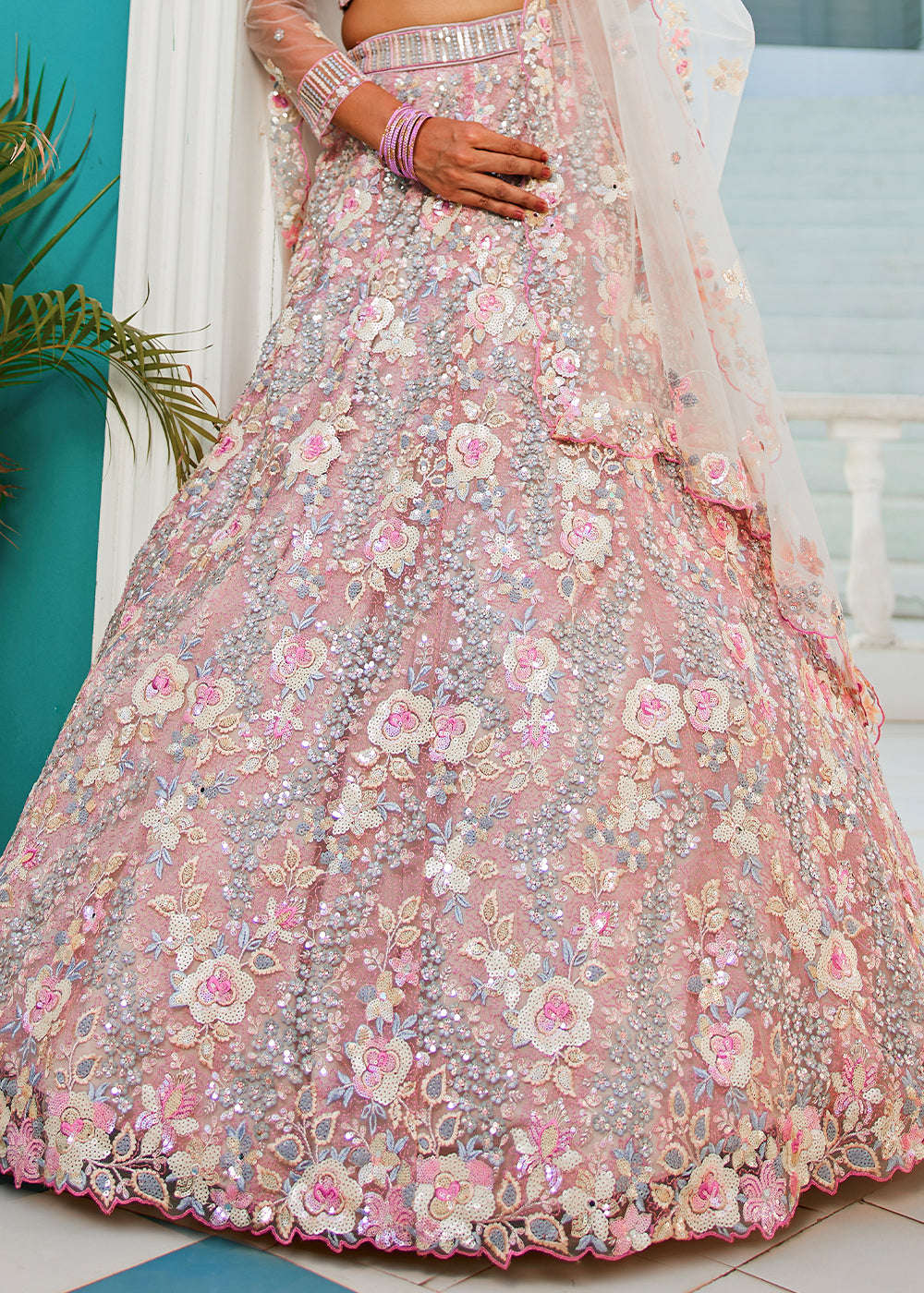 Pink & Grey Net Lehenga Choli with Sparkling Sequins & Zarkan Work