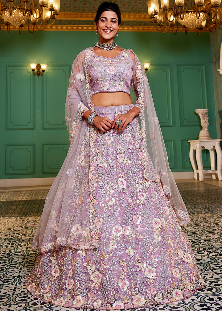 Mauve Purple Net Lehenga Choli with Sparkling Sequins & Zarkan Work