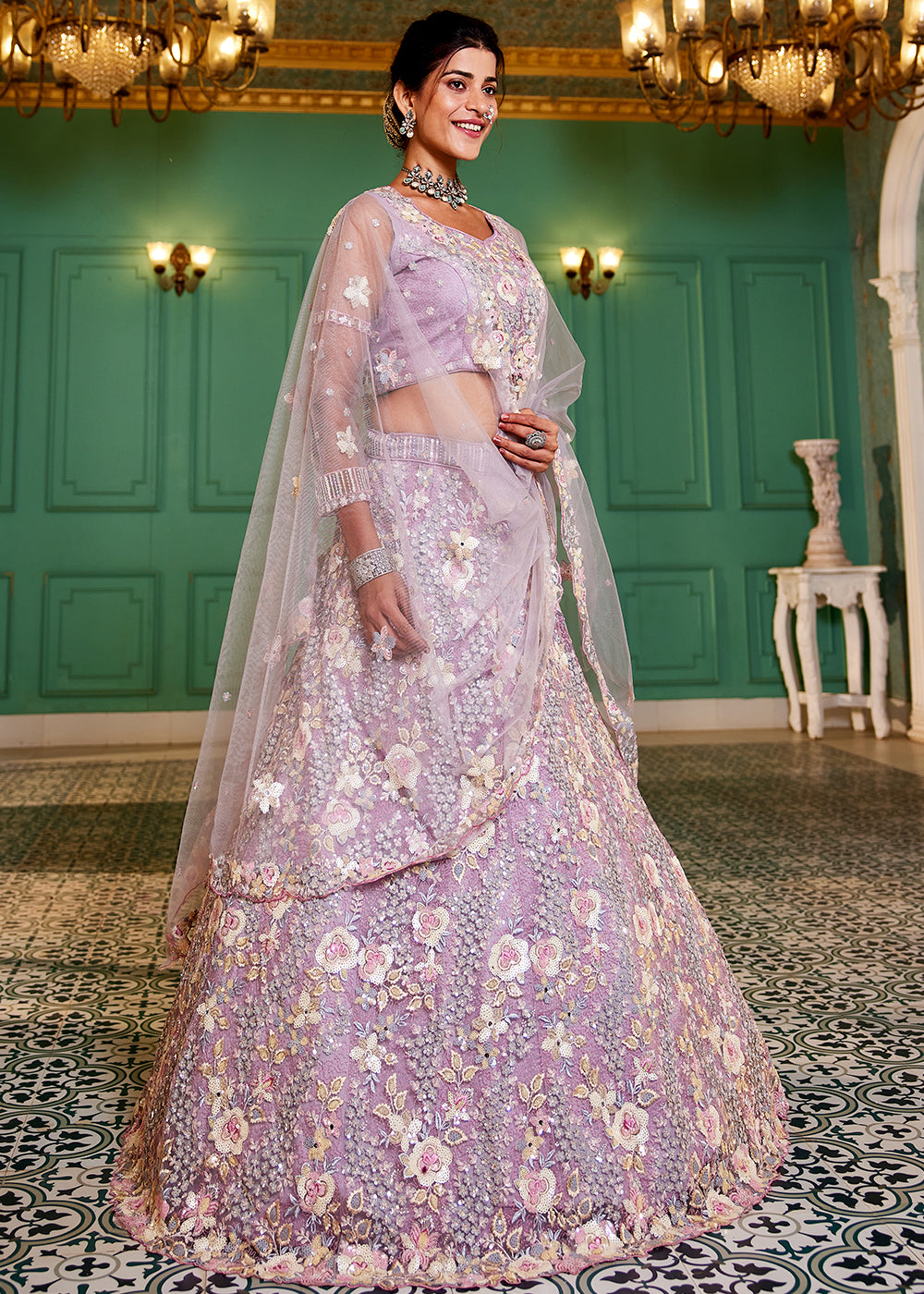 Mauve Purple Net Lehenga Choli with Sparkling Sequins & Zarkan Work