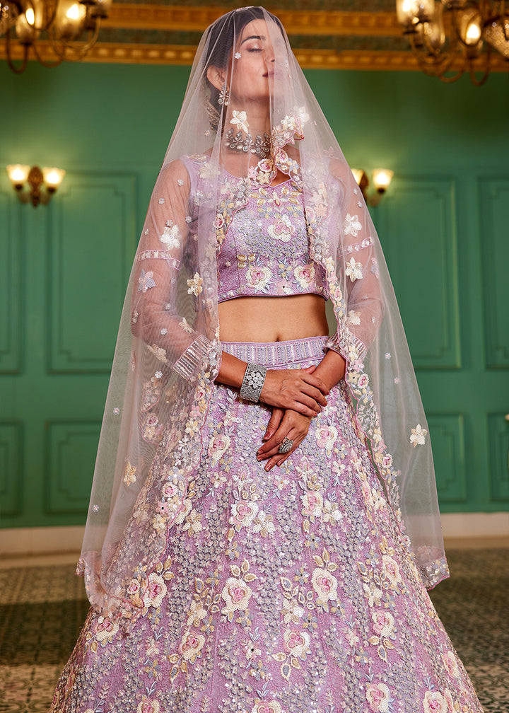 Mauve Purple Net Lehenga Choli with Sparkling Sequins & Zarkan Work