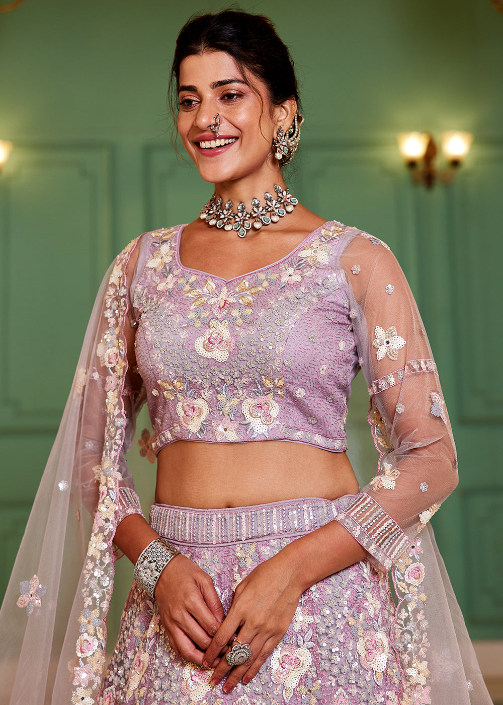 Mauve Purple Net Lehenga Choli with Sparkling Sequins & Zarkan Work