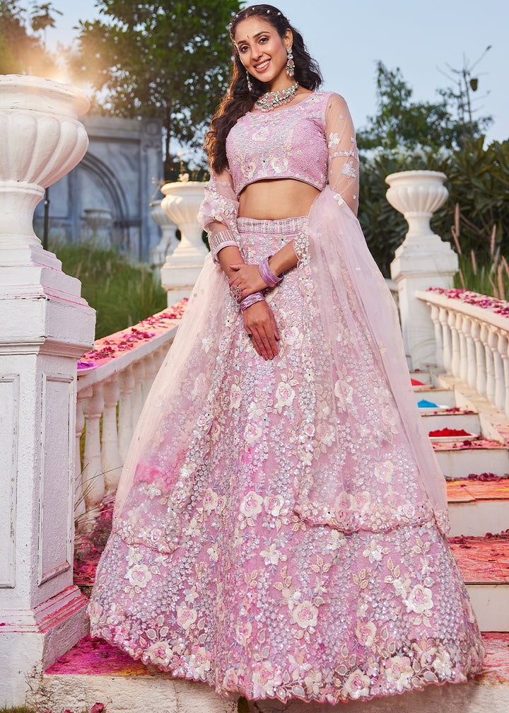 Flamingo Pink Net Lehenga Choli with Sparkling Sequins & Zarkan Work