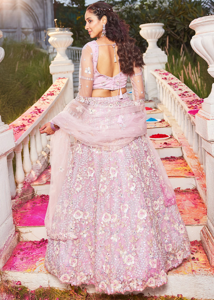 Flamingo Pink Net Lehenga Choli with Sparkling Sequins & Zarkan Work