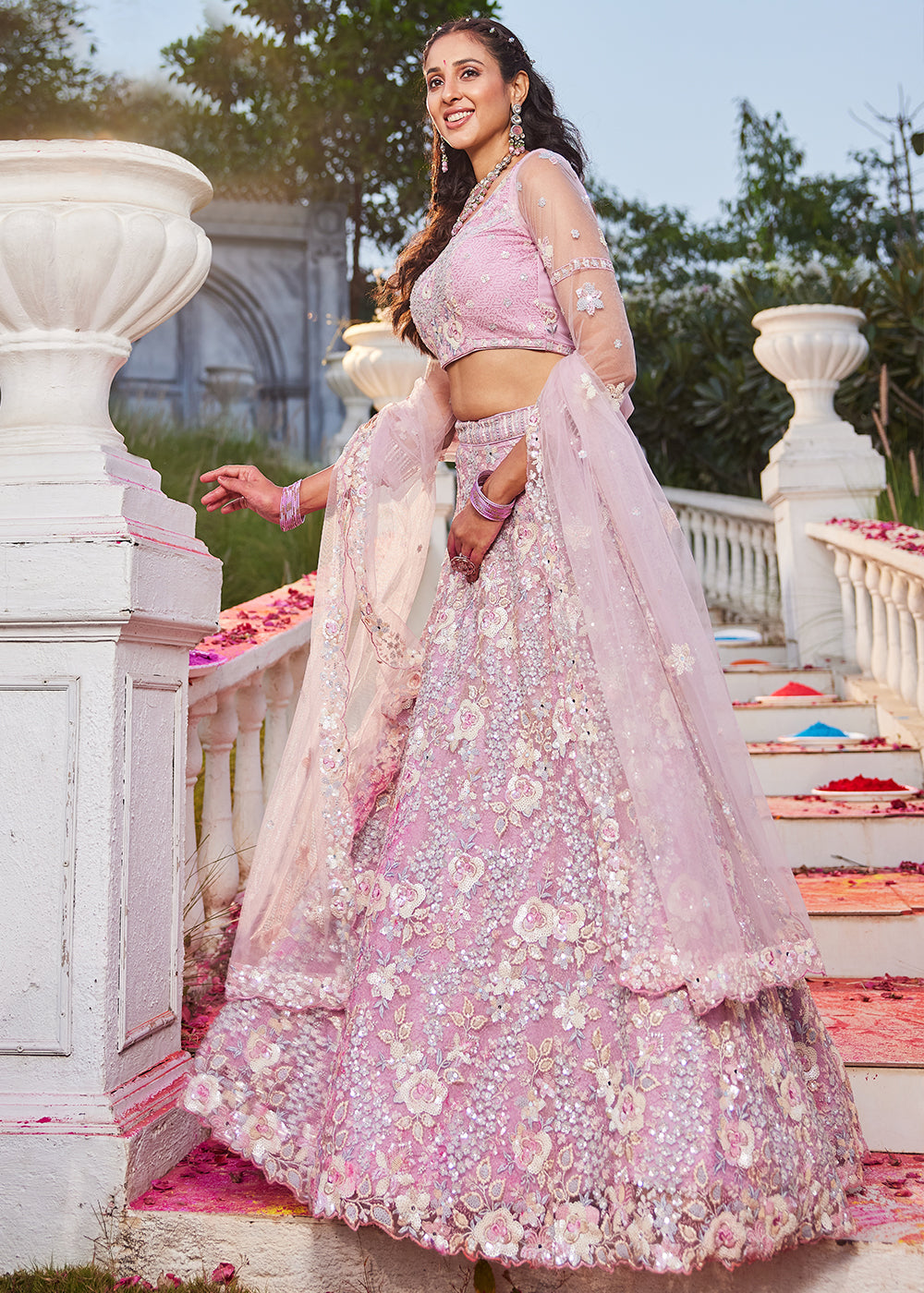 Flamingo Pink Net Lehenga Choli with Sparkling Sequins & Zarkan Work