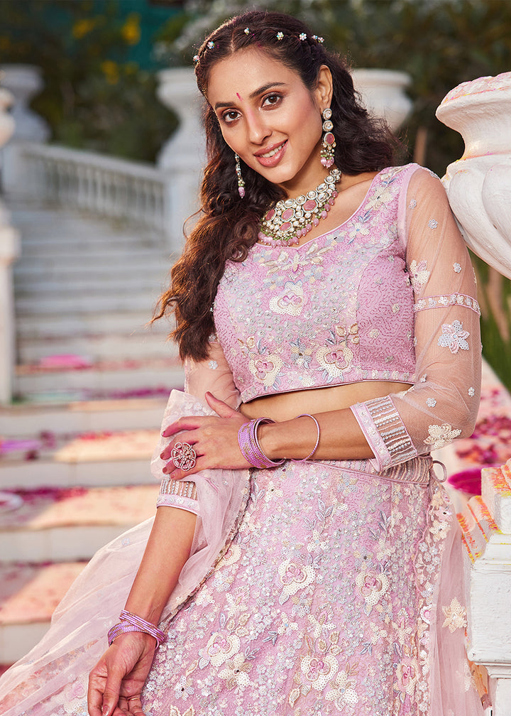 Flamingo Pink Net Lehenga Choli with Sparkling Sequins & Zarkan Work