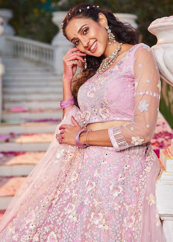 Flamingo Pink Net Lehenga Choli with Sparkling Sequins & Zarkan Work