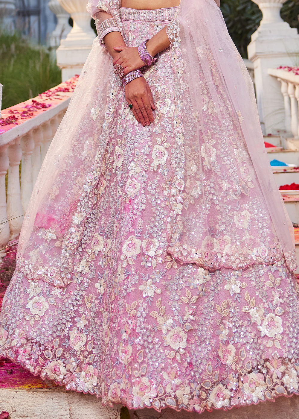 Flamingo Pink Net Lehenga Choli with Sparkling Sequins & Zarkan Work