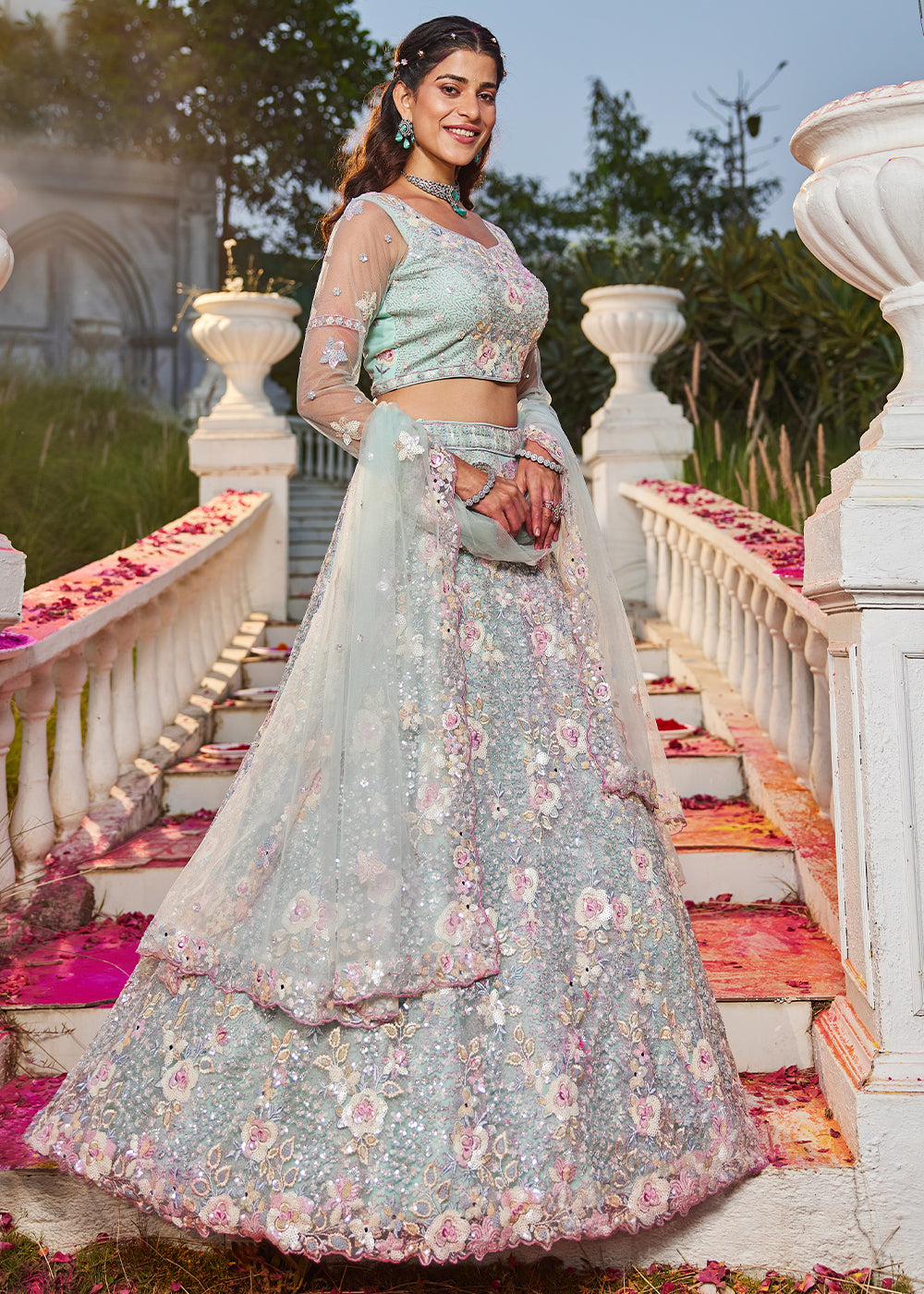 Tea Green Net Lehenga Choli with Sparkling Sequins & Zarkan Work