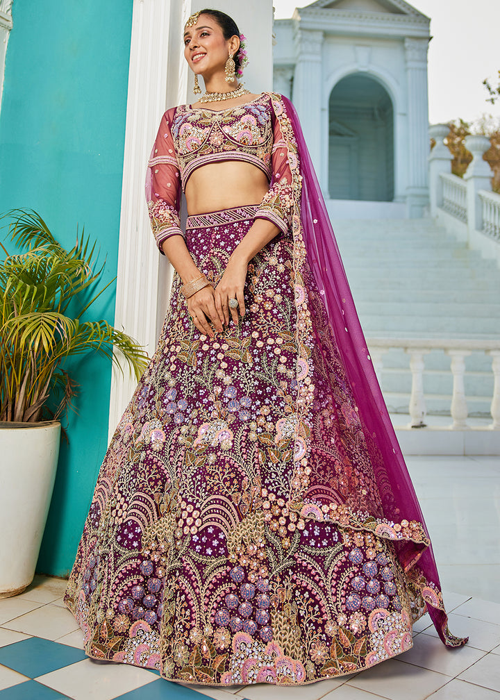 Plum Purple Net Lehenga Choli with Coding & Zarkan Work